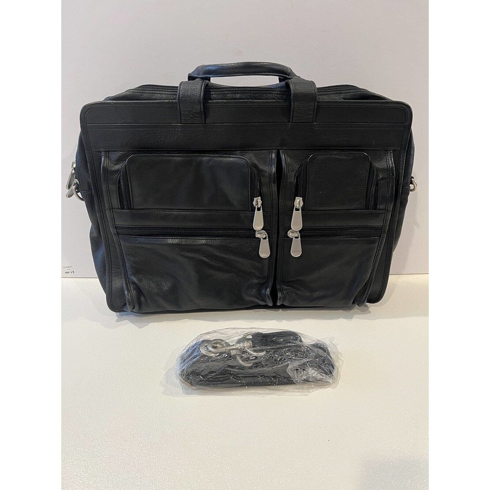 Beautiful Black Genuine Leather Expandable Laptop Insert Bag Briefcase 18”